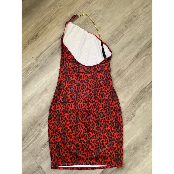 Mapale One-Shoulder Red Leopard with Chain Dress 4556 Size-Medium - Picture 4 of 5